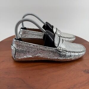Flag Ltd Womens Silver Cracked Metallic Leather Penny Loafers Size 7.5 M Brazil